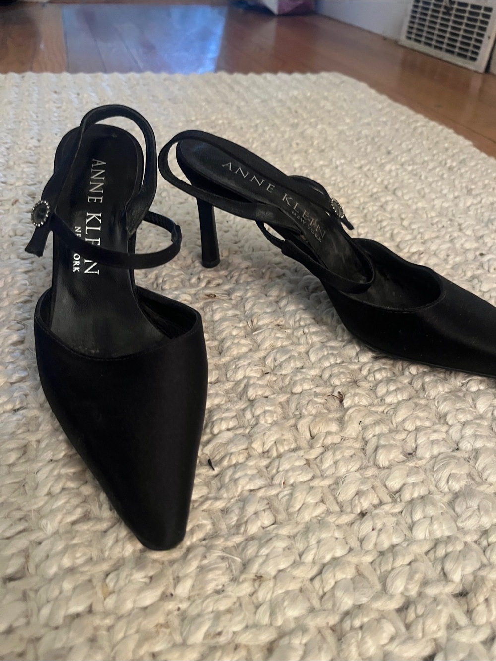 Anne Klein Black Pointed-Toe Slingback Heels with Decorative Buckle